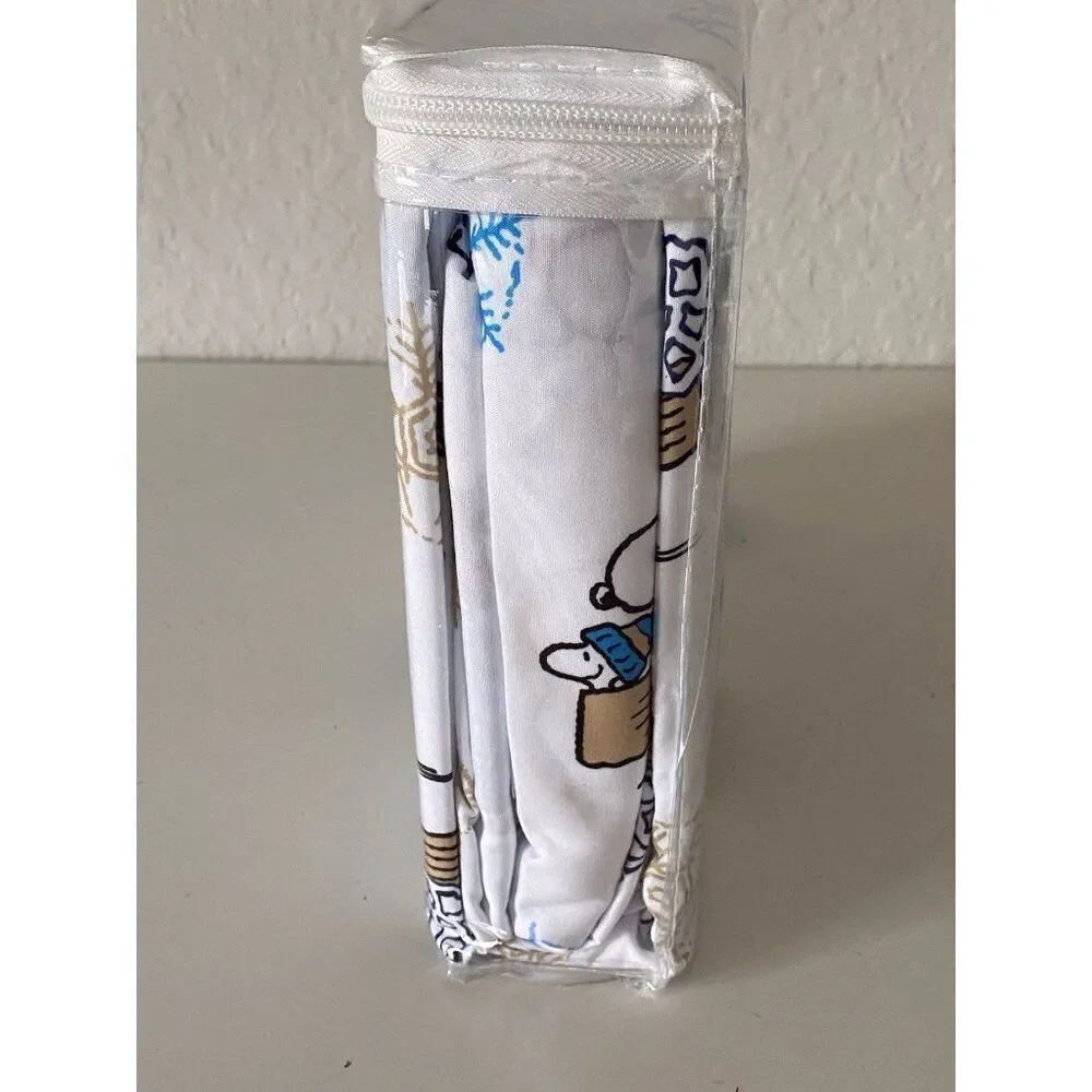 Peanuts Snoopy Puffy Coat QUEEN SZ Sheet Set Christmas Puffer Jacket White‎ Blue